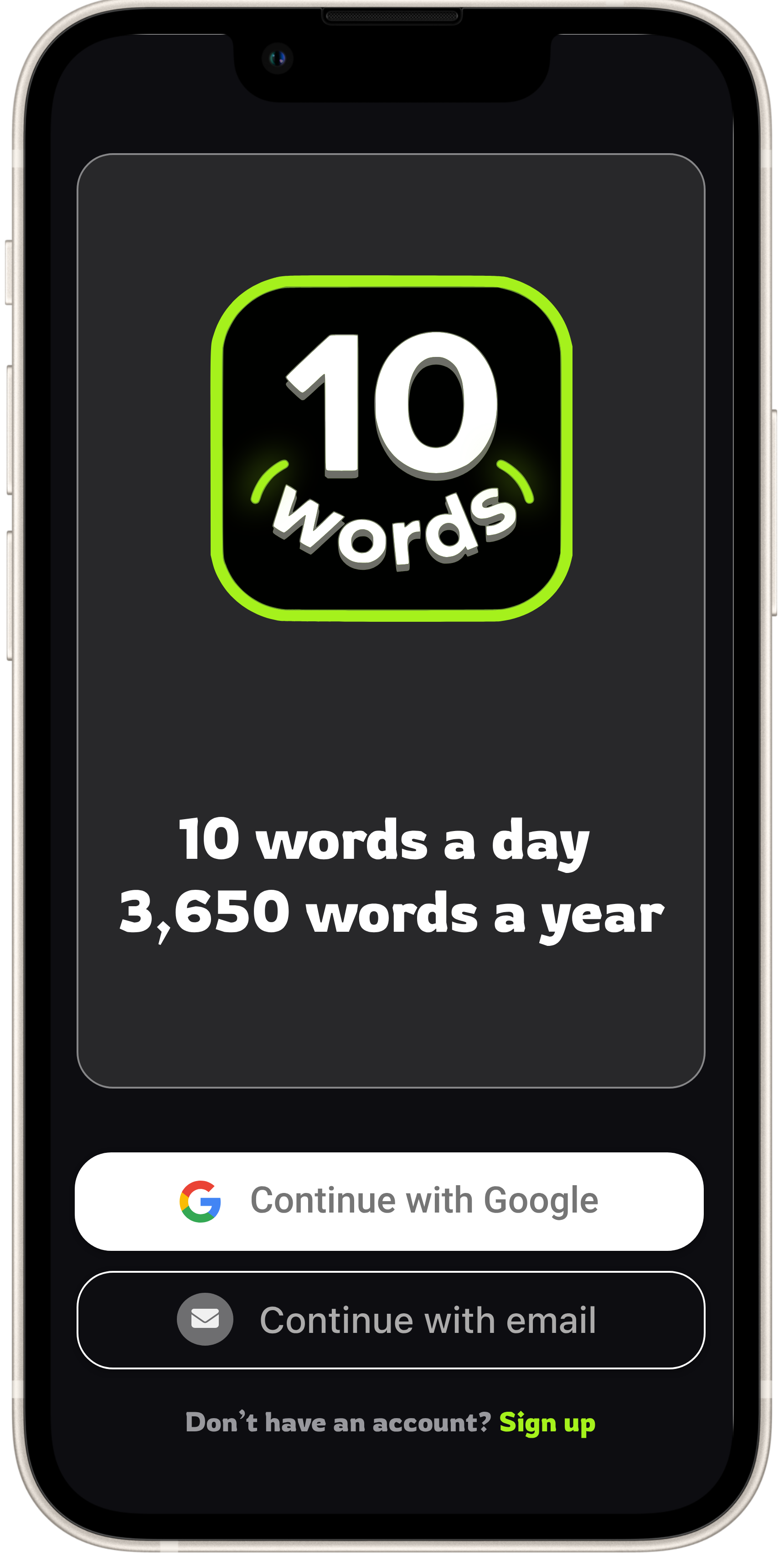 10 words login screen on a phone