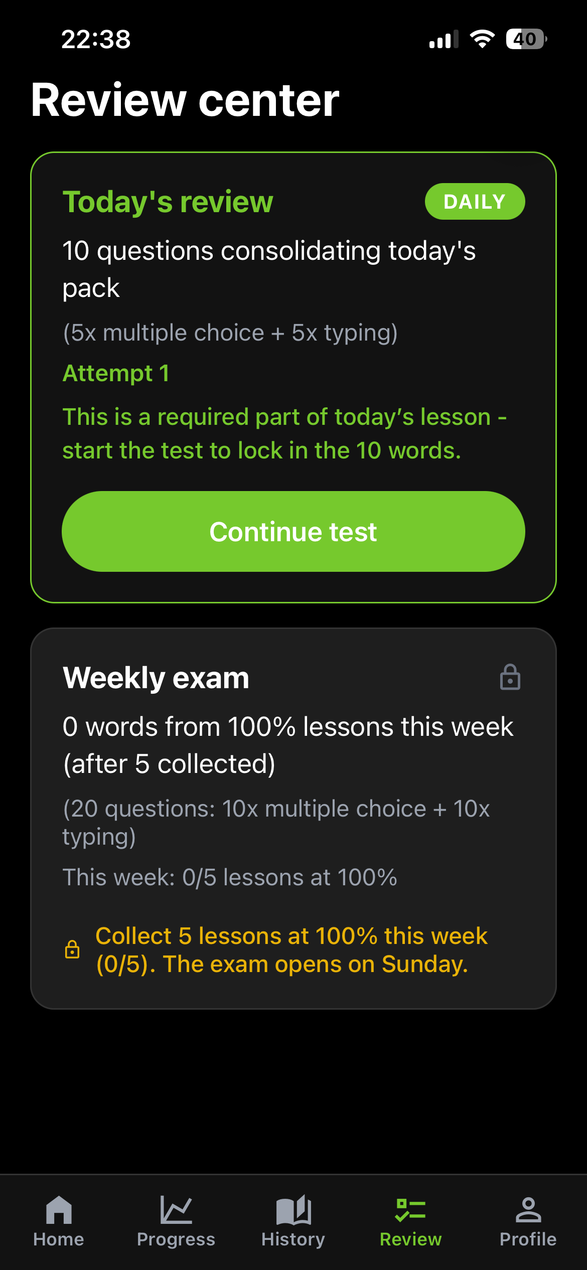 Review center with today's review and the locked weekly exam