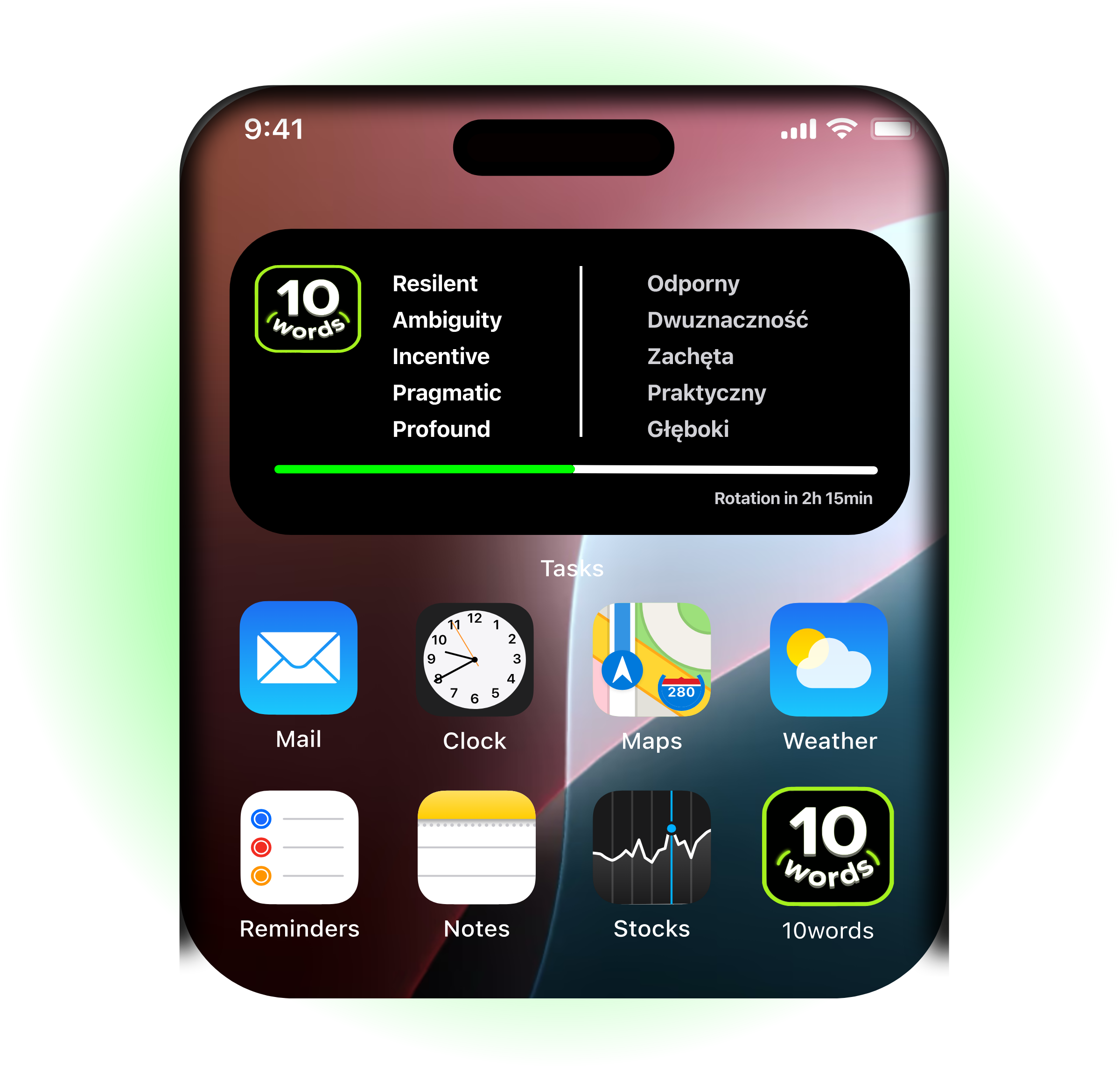 iPhone home screen with the 10 words widget showing five words and their translations